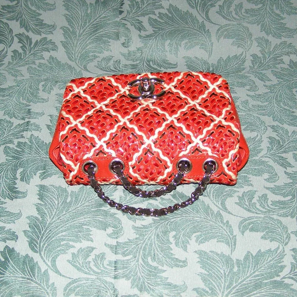 RARE Chanel Red Mini Patent Leather Woven Stitch Tweed Flap Bag